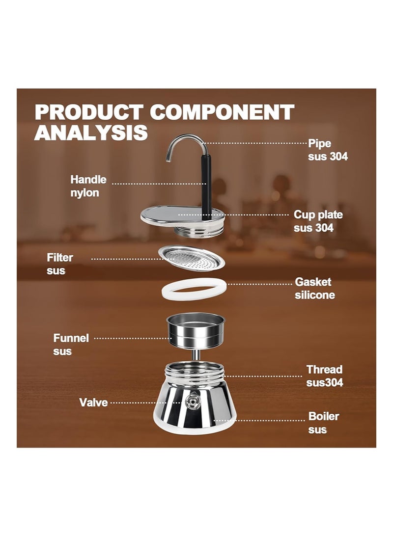 EZSOZO 1 Cup Single Tube Moka Pot， Stainless Steel Espresso Maker with 200ml stainless steel coffee cup  Espresso Makers Capable Greca （200ml） - Image 3